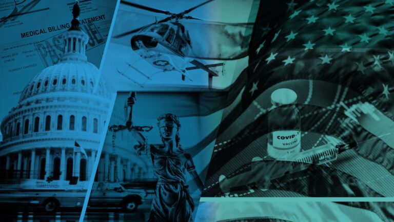 collage of capitol building, blind statue of justice, american flag, covid vaccine and air ambulance
