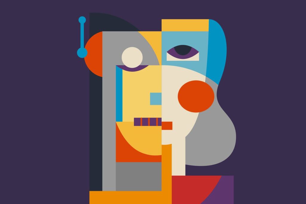 vector illustration of a portrait of half robot half woman constructed of different shapes