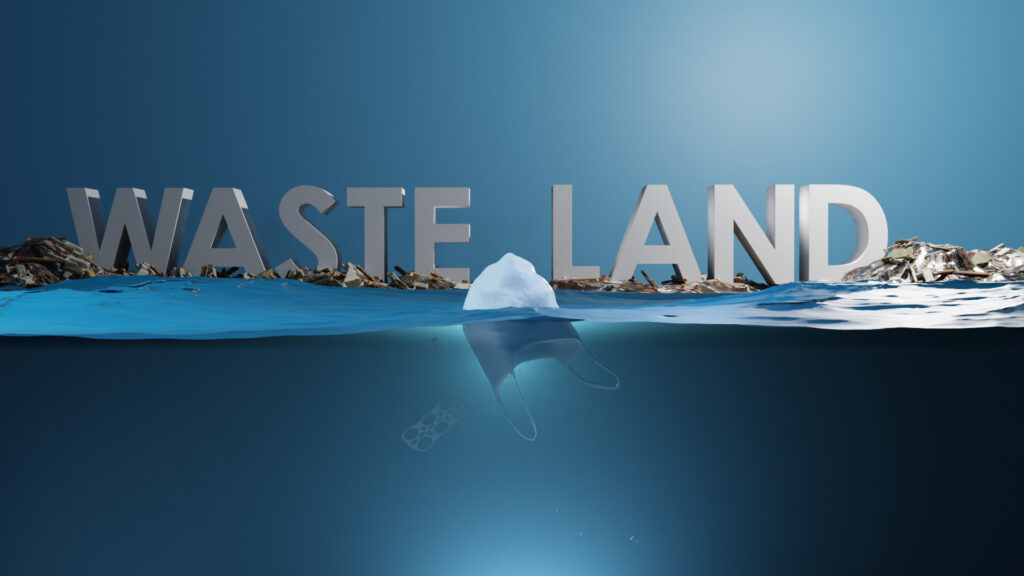 image of garbage and the words "Waste Land " floating in the ocean