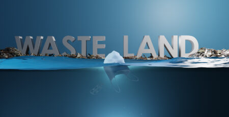 image of garbage and the words "Waste Land " floating in the ocean