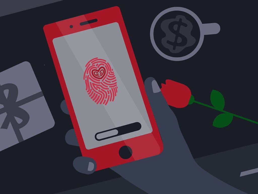 illustration of a hand holding a mobile phone that has a thumbprint image. In the background, a rose, a wrapped present and coffee mug lay on a desk.