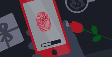 illustration of a hand holding a mobile phone that has a thumbprint image. In the background, a rose, a wrapped present and coffee mug lay on a desk.