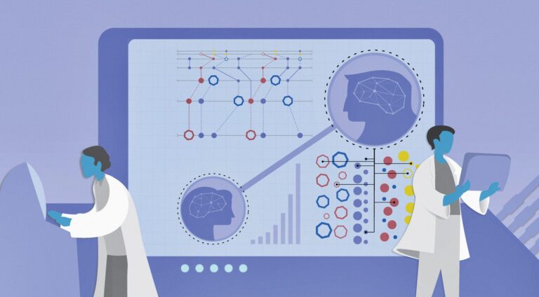 illustration of 2 scientists working on computers to study brain development