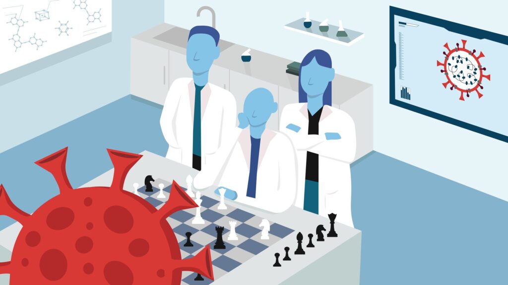 illustration of researchers playing chess against the coronavirus in a lab
