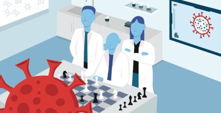 illustration of researchers playing chess against the coronavirus in a lab