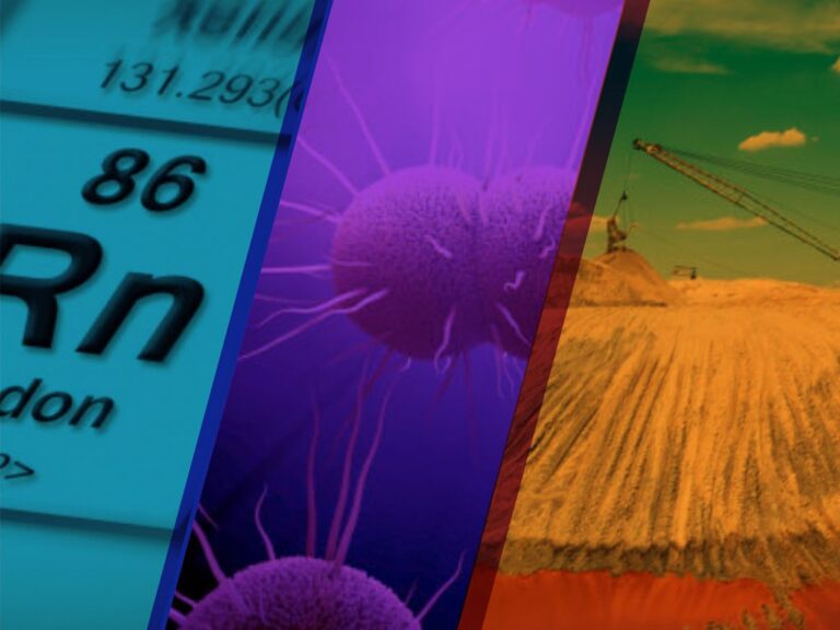 Images of the periodical element, Radon, gonorrhea bacteria and ore mining