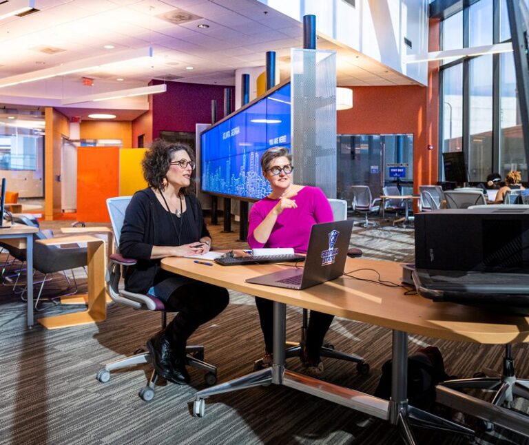 Two caucasian women working together in the library