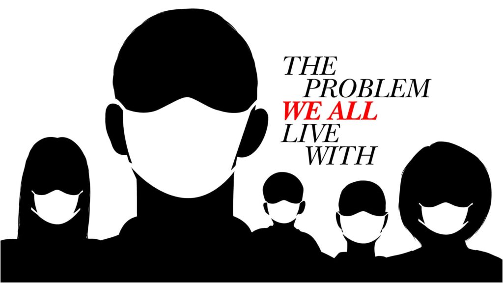 black and white illustration of masked people with the title 'The Problem We All Live With'