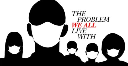 black and white illustration of masked people with the title 'The Problem We All Live With'