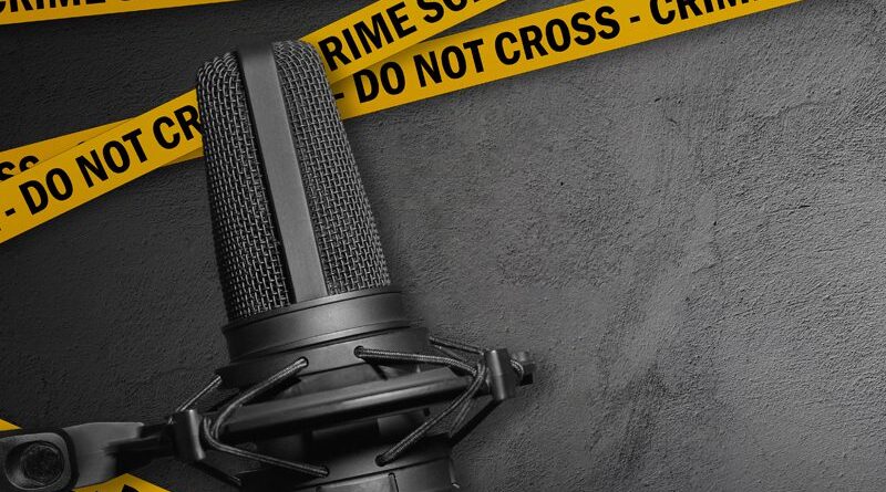 Image of a podcast microphone with yellow crime scene tape on a grey background
